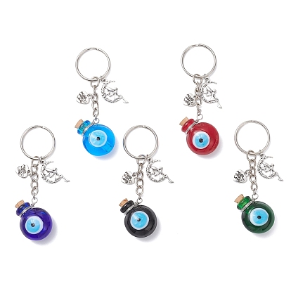 Брелки ручной работы в виде бутылок-лэмпворков от сглаза, с бусинами из сплава и железными кольцами для ключей