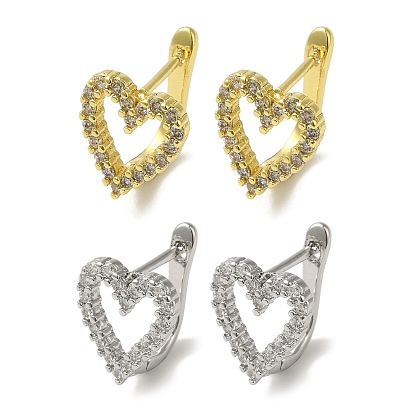 Женские серьги-кольца из латуни с микропаве в форме сердца и прозрачным фианитом