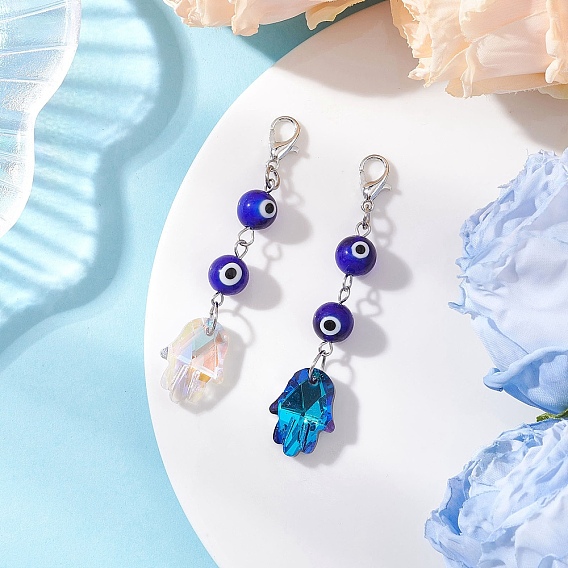 2 шт. 2 цвета хамса ручная гальванизированная стеклянная подвеска украшения, с круглыми бусинами ручной работы, напоминающими сглаз, и застежками-карабинами из цинкового сплава