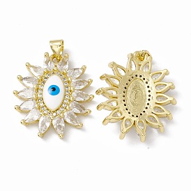 Rack Plating Brass Micro Pave Cubic Zirconia Pendants, with Enamel, Long-Lasting Plated, Cadmium Free & Lead Free, Flower with Evil Eye