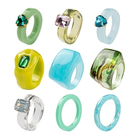 9 piezas 9 anillos de dedo de resina de estilo, rectángulo y corazón