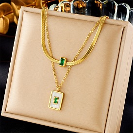 304 Stainless Steel Cable & Herringbone Chains Double Layer Necklace, Rhinestone & Natural Shell Rectangle Pendants Necklace
