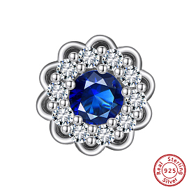 Rhodium Plated 925 Sterling Silver Beads, with Blue Cubic Zirconia, Flower