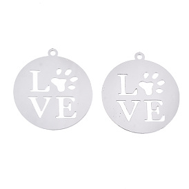 201 Stainless Steel Pendants, Etched Metal Embellishments, Flat Round with Word Love & Dog Footprint