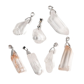 Natural Quartz Crystal Pendants, Rock Crystal Nuggets Charms with Platinum Plated Platinum Brass Snap on Bails