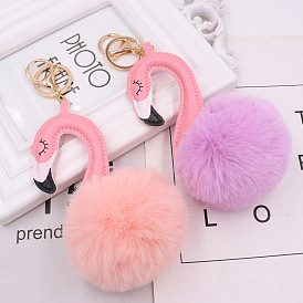 PU leather flamingo plush keychain cute fur ball pendant long neck bird female bag keychain
