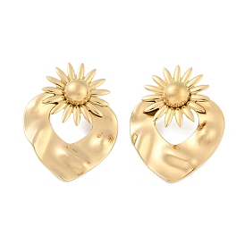 304 Stainless Steel Stud Earrings, Heart with Flower