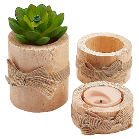 GORGECRAFT 3Pcs 3 Styles Natural Pine Wood Candle Holder, with Hemp Rope, Column with Bowknot