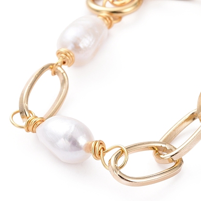 Aluminium Paperclip Chain Bracelets, with Natural Keshi Pearl and 304 Stainless Steel Toggle Clasps