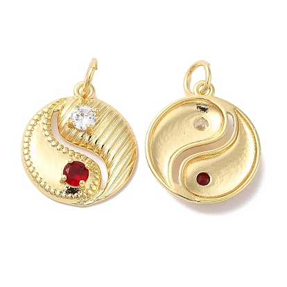 Brass Micro Pave Clear & Red Cubic Zirconia Pendants, with Jump Ring, Yin-yang Charm