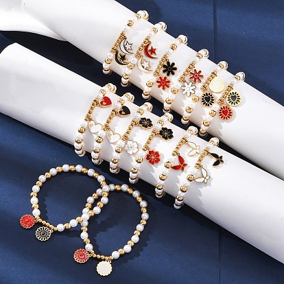 201 браслеты из нержавеющей стали с круглыми бусинами, с 304 подвесками из нержавеющей стали и пластиковым искусственным жемчугом