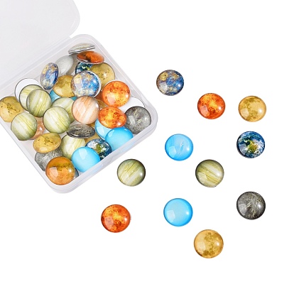 50Pcs Luminous Glass Cabochons, Planet Pattern, Half Round