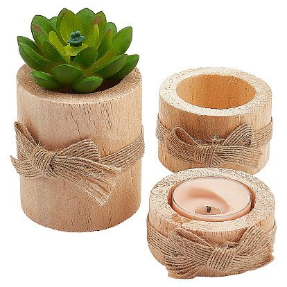 3Pcs 3 Styles Natural Pine Wood Candle Holder, with Hemp Rope, Column with Bowknot