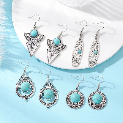 Подвески из синтетической бирюзы и сплава, с фурнитурой латунной для серег, античное серебро, плоский круглый и веер и перо