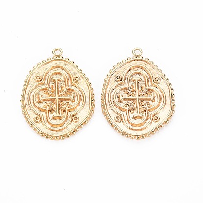 Brass Pendants, Nickel Free, Oval with Cross