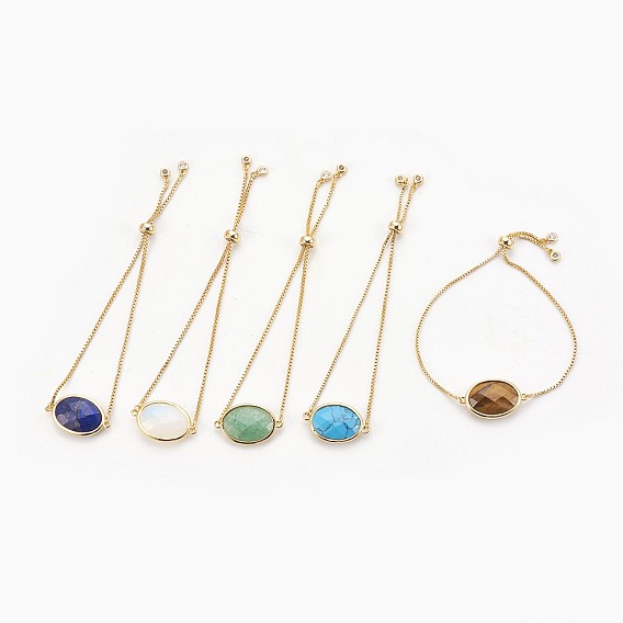 Adjustable Brass Bolo Bracelets, Slider Bracelets, with Gemstone Link and Cubic Zirconia, Oval, Golden