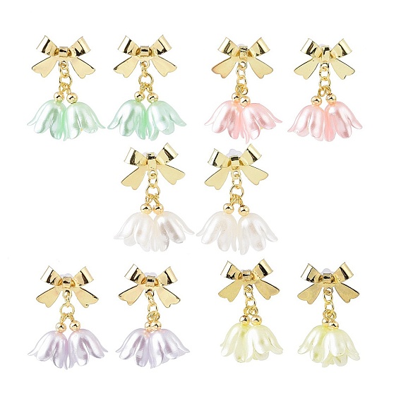 Plastic Flower with Bowknot Dangle Stud Earrings, Golden Brass Drop Earrings for Women