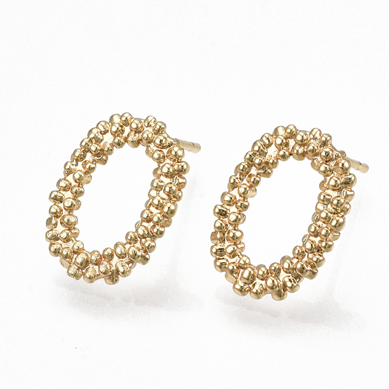 Brass Stud Earrings, Oval, Real 18K Gold Plated
