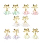 Plastic Flower with Bowknot Dangle Stud Earrings, Golden Brass Drop Earrings for Women