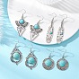 Подвески из синтетической бирюзы и сплава, с фурнитурой латунной для серег, античное серебро, плоский круглый и веер и перо
