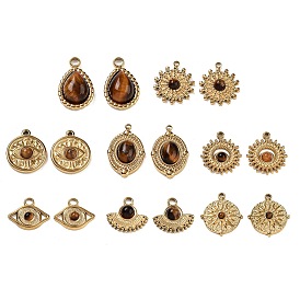 Ion Plating(IP) 304 Stainless Steel Pendants, Natural Tiger Eye Charms, Real 18K Gold Plated, Sun/Fan/Flat Round/Eye/Oval/Teardrop