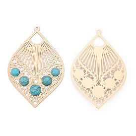 Brass Big Pendants, with Synthetic Turquoise, Leaf Charm