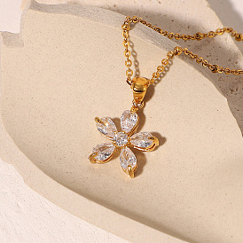 18K Gold Plated Stainless Steel 16mm White Zircon Five Petal Flower Pendant Necklace - Elegant
