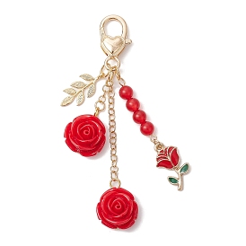 Valentine's Day Theme Rose Resin & Alloy Enamel Pendant Decoration, with Natural Malaysia Jade Beads and Alloy Lobster Claw Clasps