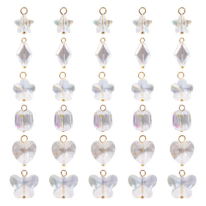 30шт 6 стили стеклянные подвески, разнообразные, с латунными петлями, граненые
