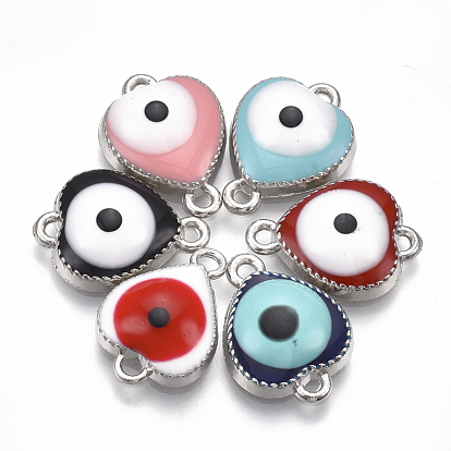 Conectores de enlaces de aleación, con esmalte, corazón con mal de ojo, Platino