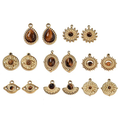 Ионное покрытие (ip) 304 подвески из нержавеющей стали, природные тигровые очарования, реальный 18 k позолоченный, солнце/веер/плоский круглый/глаз/овал/капля