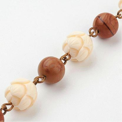 Perles de corail synthétique faites à la main et chaînes en perles en pierre de dentelle en bois pour colliers de fabrication de bracelets, avec épingle à œil en laiton, non soudée