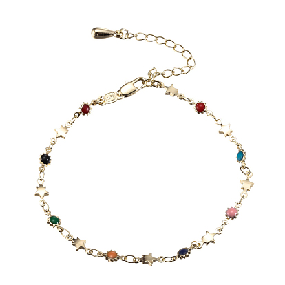 Brass Enamel Link Bracelets, with Lobster Claw Clasps, Star & Sunflower