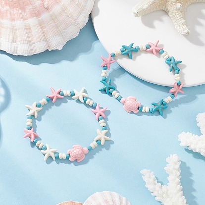 2Pcs Synthetic Turquoise Beads Stretch Bracelets, Sea Turtle & Starfish