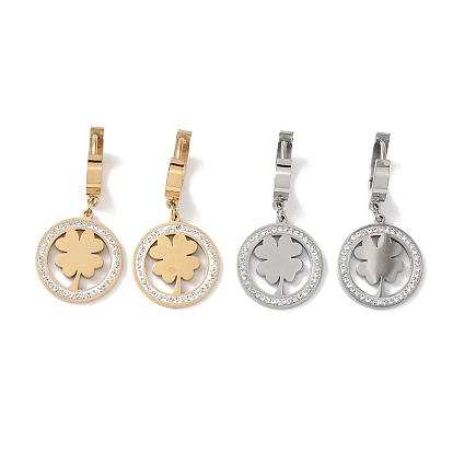 304 Stainless Steel Rhinestone Dangle Earrings, Flat Round with Clover Hoop Earrings for Women