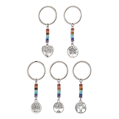 Natural Lapis Lazuli Green Aventurine Tiger Eye Red Jasper Lepidolite Howlite Red Aventurine & Alloy Keychain, with Iron Rings
