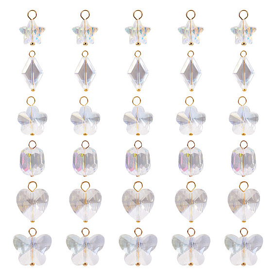 30шт 6 стили стеклянные подвески, разнообразные, с латунными петлями, граненые