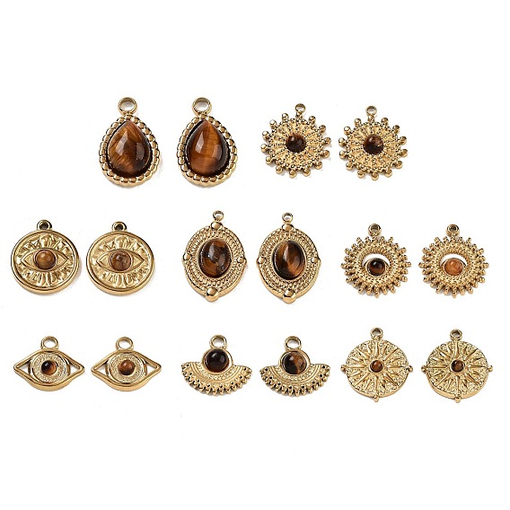 Ионное покрытие (ip) 304 подвески из нержавеющей стали, природные тигровые очарования, реальный 18 k позолоченный, солнце/веер/плоский круглый/глаз/овал/капля