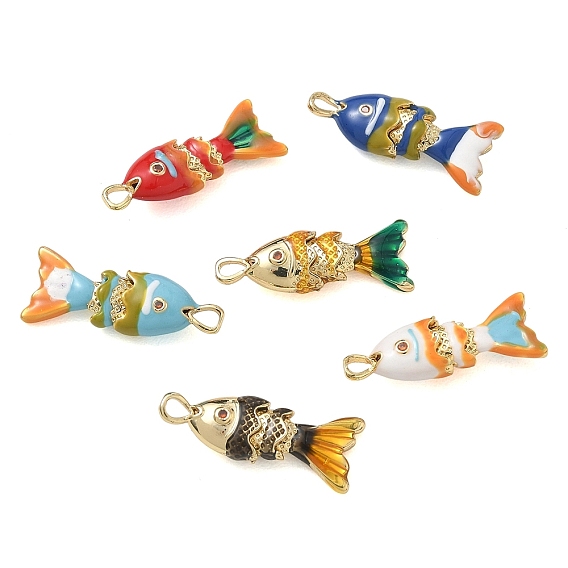 Brass Micro Pave Orange Red Cubic Zirconia Pendants, with Enamel, Fish Charms, Rack Plating, Long-Lasting Plated, Lead Free & Cadmium Free, Real 18K Gold Plated