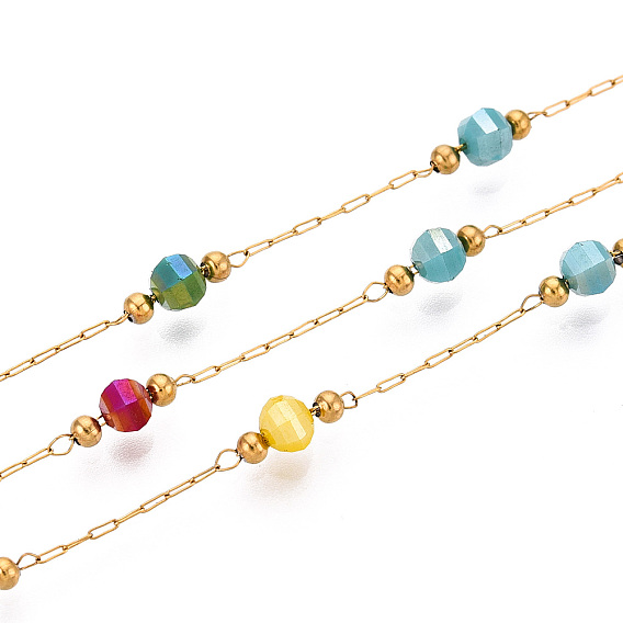 Круглые звенья стеклянных цепей ручной работы, с 304 нержавеющей стали, для ожерелья браслеты решений, ионное покрытие (ip), пайки, с катушкой