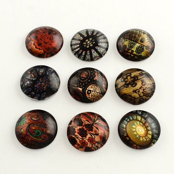 Flatback Half Round Vintage Flower Pattern Glass Dome Cabochons, for DIY Projects