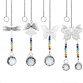 4Pcs 4 Style Glass Chandelier Suncatchers Prisms Chakra Hanging Pendant, with Iron Cable Chains and Brass Pendants, Butterfly, Dragonfly, Angel with Round