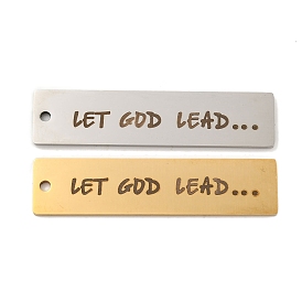201 Stainless Steel Big Pendants, Rectangle with Word Let God Lead Charms