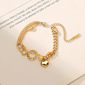 Chic Double-layered Heart Bracelet with Hollow Clip and Round Titanium Steel Chain