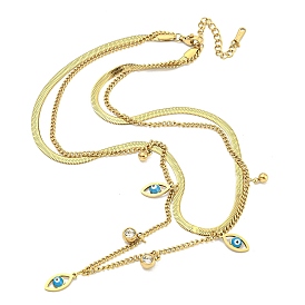 Ion Plating(IP) 201 Stainless Steel Crystal Rhinestone Double Layer Necklaces, Enamel Eye Pendant Necklaces