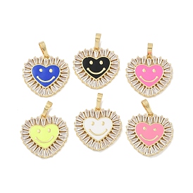 Rack Plating Brass Micro Pave Clear Cubic Zirconia Pendants, with Enamel, Long-Lasting Plated, Lead Free & Cadmium Free, Real 18K Gold Plated, Heart with Smile