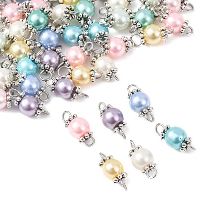 90Pcs 9 Colors Baking Paint Pearlized Glass Pearl Round Connector Charms, with Tibetan Style Antique Silver Plated Alloy Daisy Spacer Beads