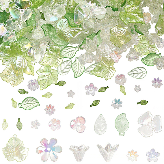 Наборы для самостоятельного изготовления украшений из листьев и цветов, включая акриловые бусины, колпачки для бусин и подвески.