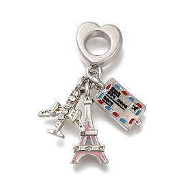 Rack Plating Alloy Crystal Rhinestone European Dangle Charms, Plane & Eiffel Tower & Passport Large Hole Charms with Colorful Enamel