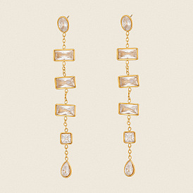 Boucles d'oreilles pendantes en acier inoxydable et zircon cubique pour femmes, rectangle, carré et larme